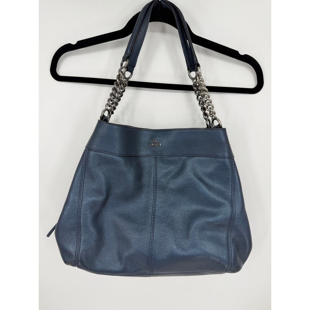 Coach F22209 Lexi Chain Shoulder Bag Metallic Navy Blue Leather Purse Handbag - Picture 1 of 16